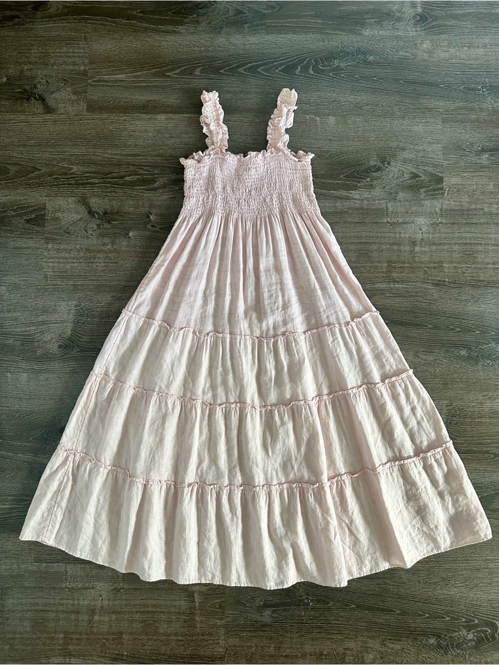 Quince 100% Linen Light Pink Smocked Midi Dress with Ruffle Straps